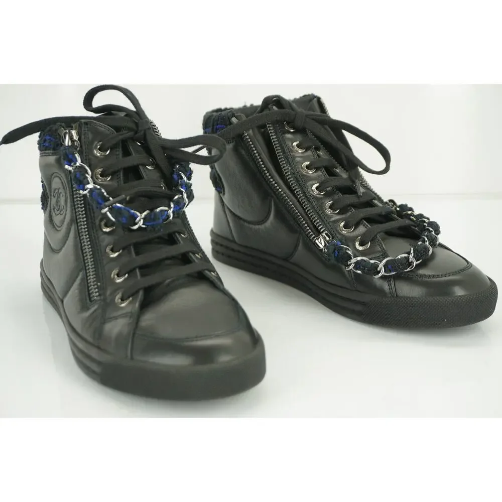 Chanel Black Leather XL CC Logo High Top Sneaker SZ 35 Chain Zip Tweed $1025 New